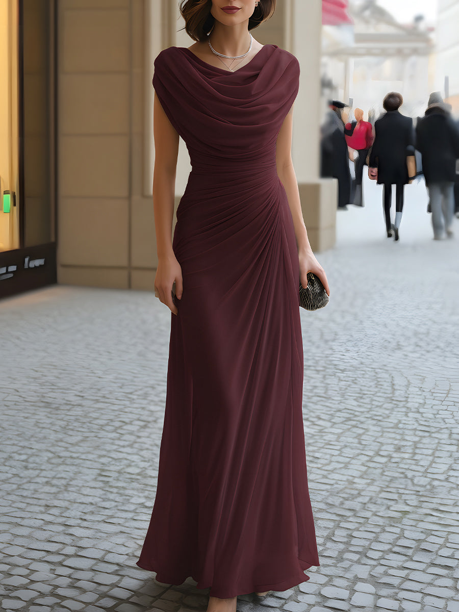 Katy | Draped Cowl-Neck Ruched Maxi Dress – Burgundy | The Bellemont Sisters Australia