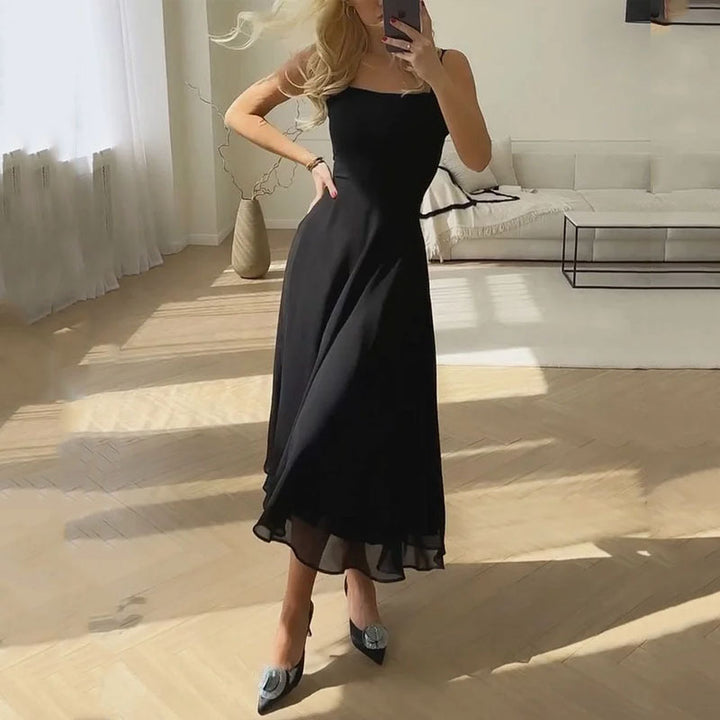 Hannah | Women Wedding Guest Elegant Square Midi Dress – Black | The Bellemont Sisters Australia