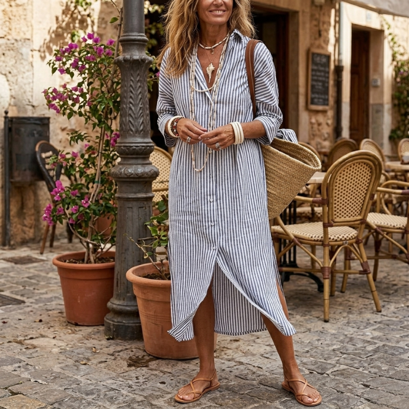 Nichole™ - Elegant Striped Summer Dress – Light Grey | The Bellemont Sisters Australia
