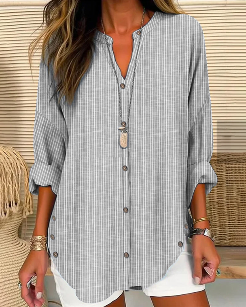Isabella | Women’s Relaed Striped Button Blouse – Gray | The Bellemont Sisters Australia