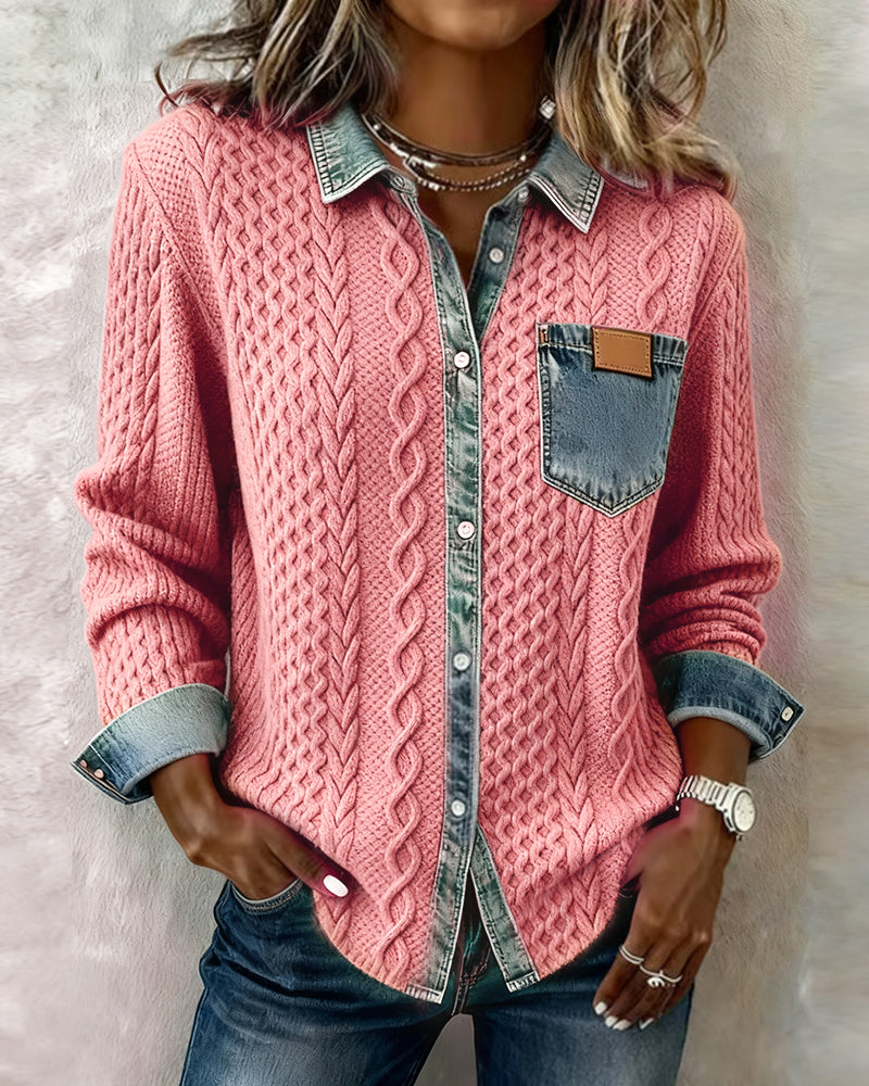 Long-Sleeve Shirt with Denim Patchwork – Pink | The Bellemont Sisters Australia