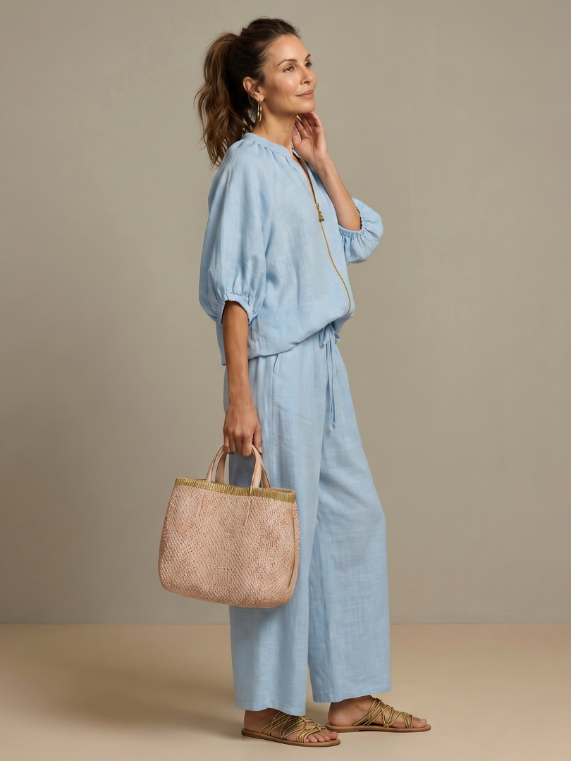 Natalia | Zip Front Blouson Top Wide Leg Set | The Bellemont Sisters Australia