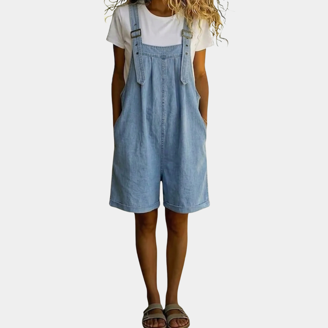 Michelle - Vintage Washed Soft Cotton Feel Denim Short Overall Light blue | The Bellemont Sisters Australia