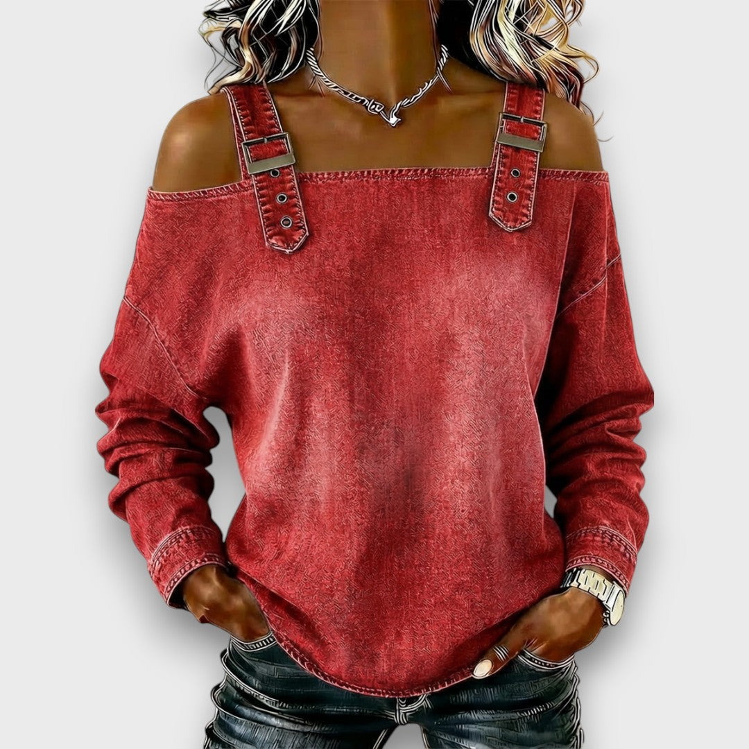 Elama – Off-Shoulder Denim Top – Red | The Bellemont Sisters Australia