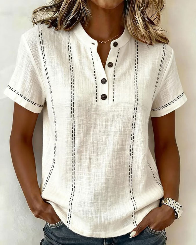 Linda | Casual Button V-Neck T-Shirt – White | The Bellemont Sisters Australia