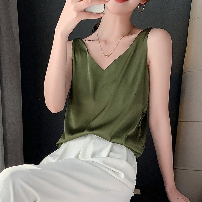 Lily | Women’s Classic Relaxed Fit Draped Satin Tanks – Army Green | The Bellemont Sisters Australia