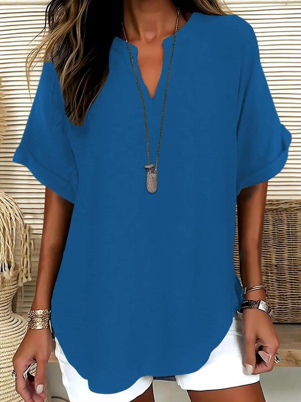 Atasia - Soft-Touch Notched-Neck Blouse – Blue | The Bellemont Sisters Australia
