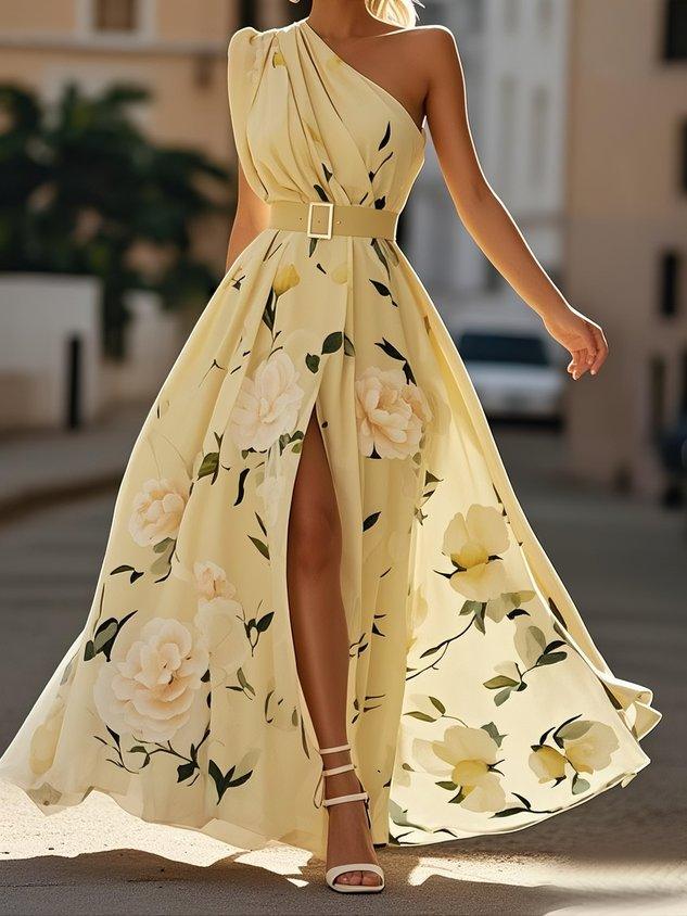 Light Green Floral Ruched One Shoulder A-Line Maxi Chiffon Dress – Yellow | The Bellemont Sisters Australia