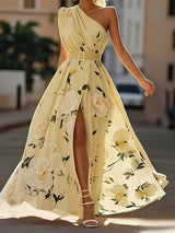 Light Green Floral Ruched One Shoulder A-Line Maxi Chiffon Dress – Yellow | The Bellemont Sisters Australia