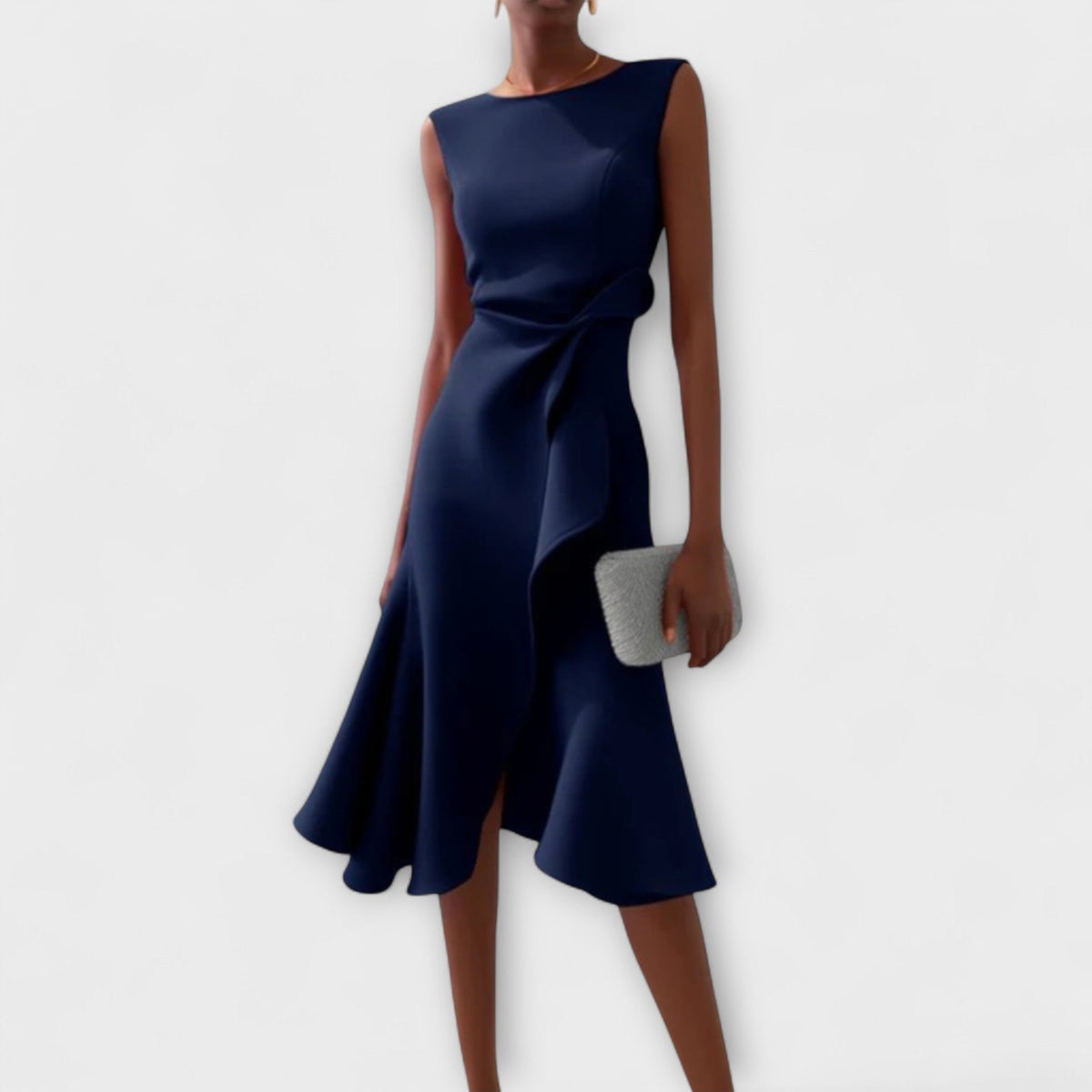 Eleanor | Women’s Draped Asymmetric Midi Dress – Navy Blue | The Bellemont Sisters Australia