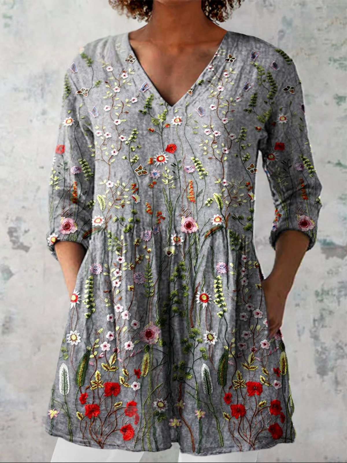 Amelie | Long Blouse with V-Neck – Gray | The Bellemont Sisters Australia