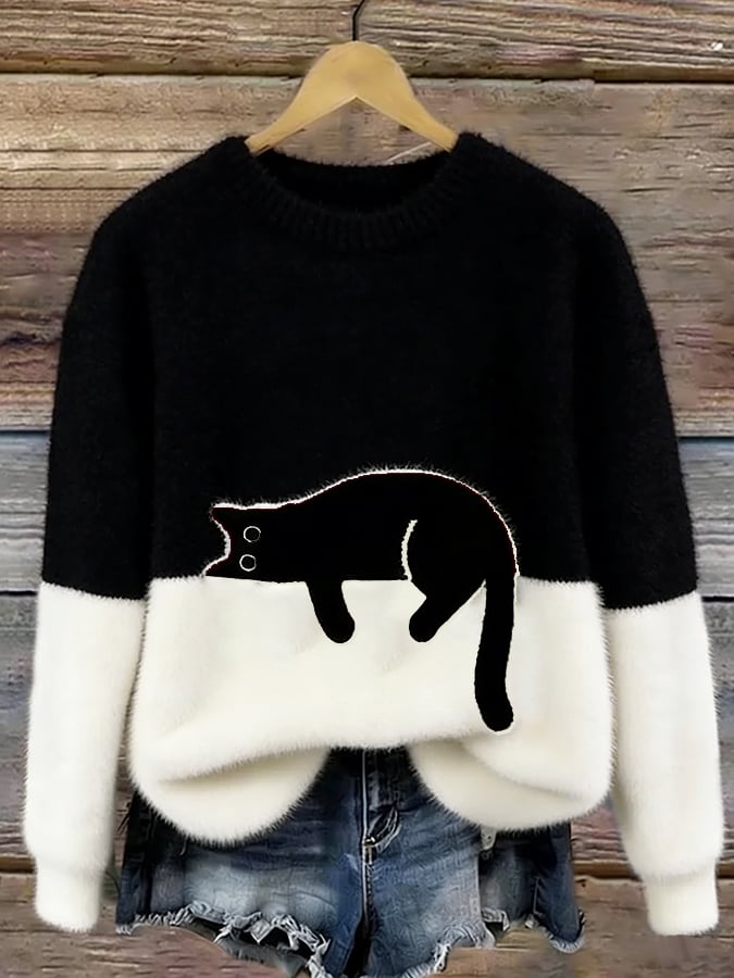Aileen™ | Elegant Cat Print Oversized Sweater – Black | The Bellemont Sisters Australia
