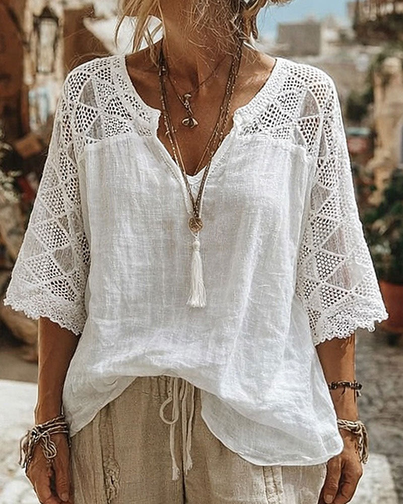 Cynthia | V-Neck Blouse with Lace Detail – White | The Bellemont Sisters Australia