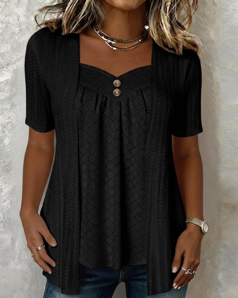 Carol | Faux Layered Square Collar Cutout Patchwork Shirt – Black | The Bellemont Sisters Australia