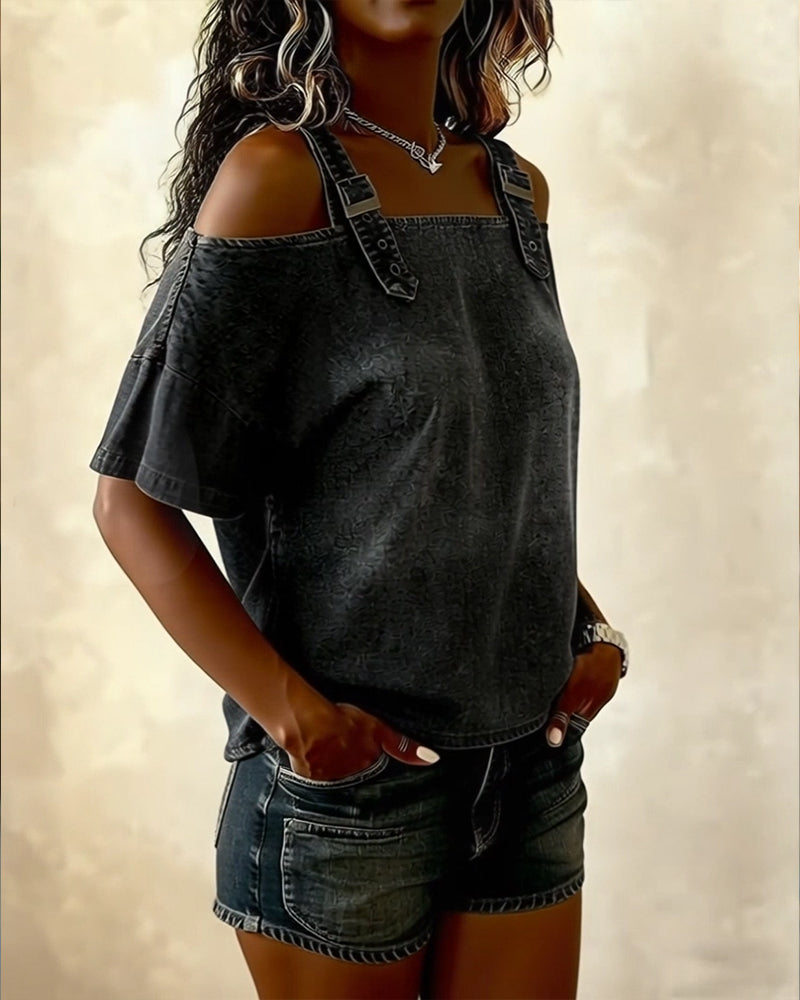 Patricia | Off-Shoulder Denim Shirt | The Bellemont Sisters Australia
