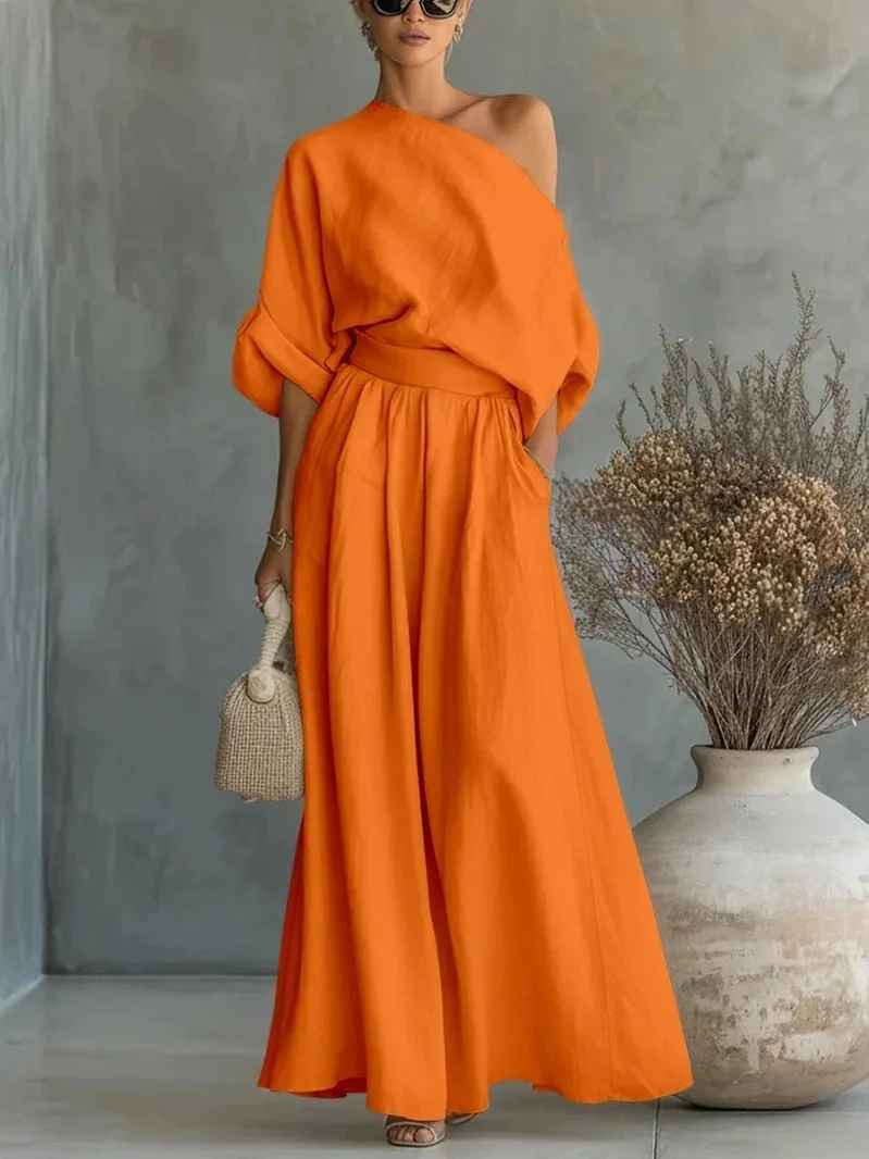 Lisa | Soft Off-Shoulder Top and Tapered Pants Set – Orange | The Bellemont Sisters Australia