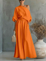 Lisa | Soft Off-Shoulder Top and Tapered Pants Set – Orange | The Bellemont Sisters Australia