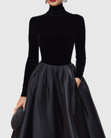 Aradia | Elegant Black Velvet And Satin Midi Dress | The Bellemont Sisters Australia