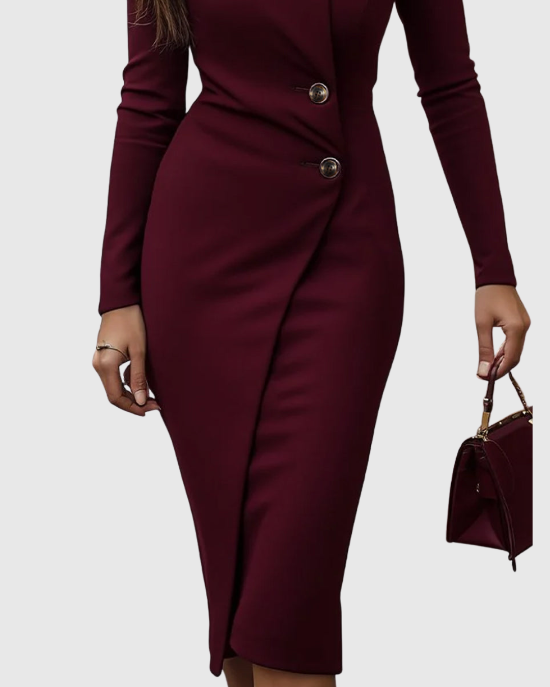 Luned | Burgundy Wrap-Style Buttoned Midi Dress | The Bellemont Sisters Australia