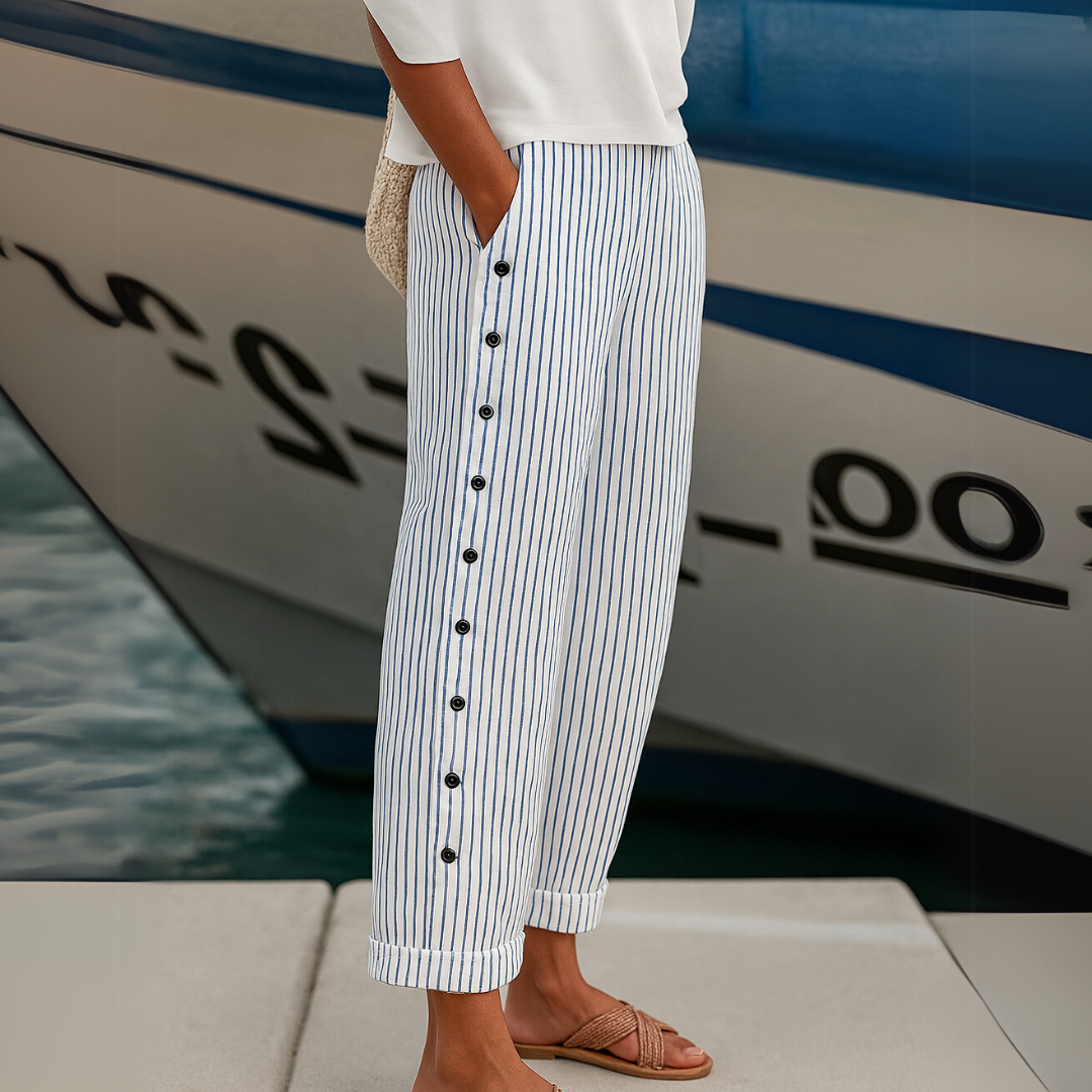 Caitlin | Stylish Striped Button Pants – Grey | The Bellemont Sisters Australia