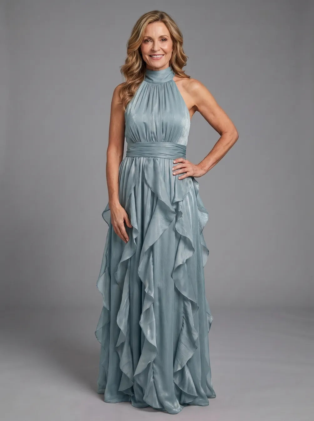 Orea™ High Neck Gathered Ruffle Layers Maxi Dress – Dusty Blue | The Bellemont Sisters Australia