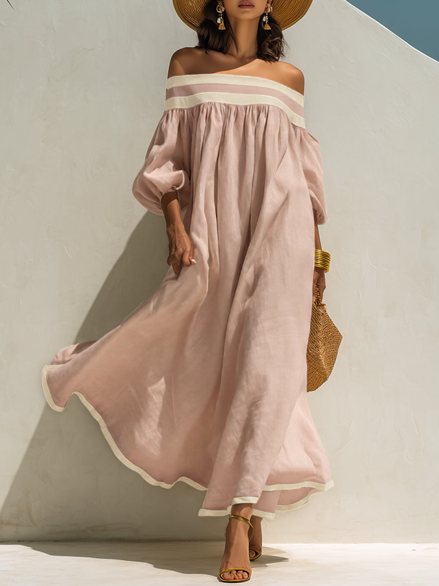 Loose-fitting Color-blocked Off-the-shoulder Maxi Dress – Pink | The Bellemont Sisters Australia