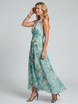 Portia | Pleated Halter Soft Floral Pattern Midi Dress | The Bellemont Sisters Australia