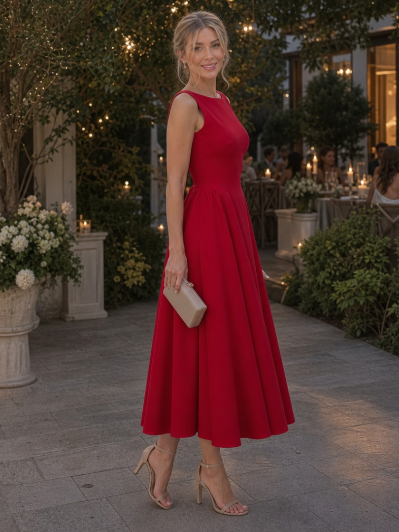 Corane | Sleeveless Crew Neck Fitted Bodice Midi Dress | The Bellemont Sisters Australia
