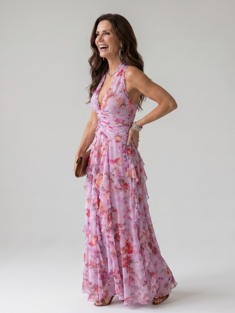 Nori | Halter Neck Ruched Bodice Floral Maxi Dress | The Bellemont Sisters Australia