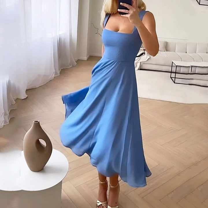 Hannah | Women Wedding Guest Elegant Square Midi Dress – Blue | The Bellemont Sisters Australia