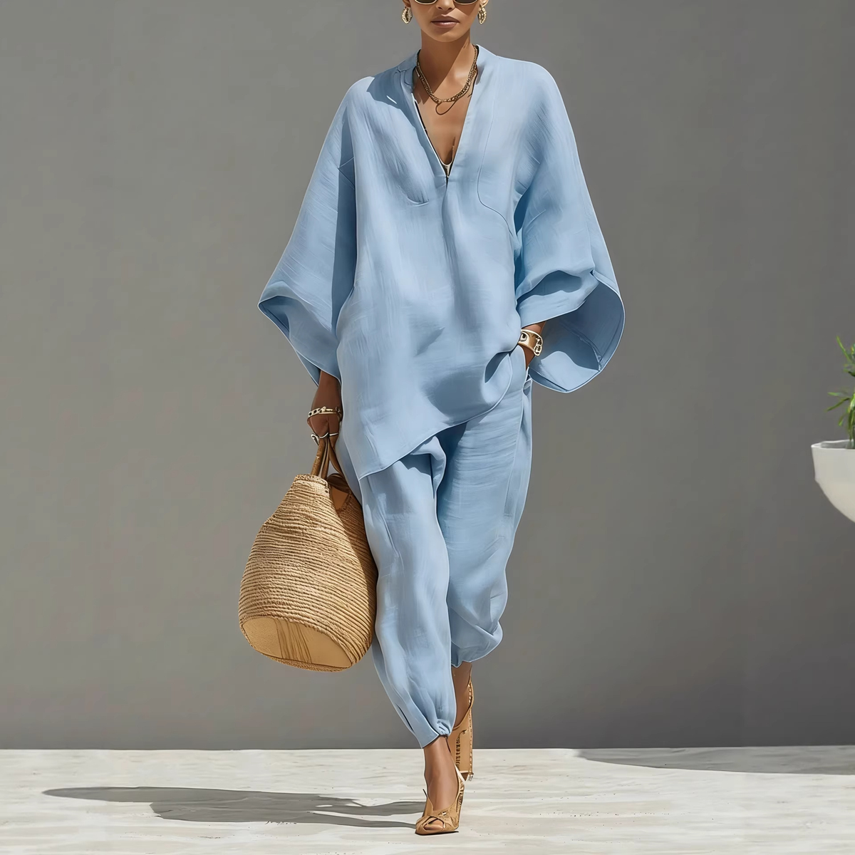 Batwing Sleeve V-Neck Lounge Set – Sky Blue | The Bellemont Sisters Australia