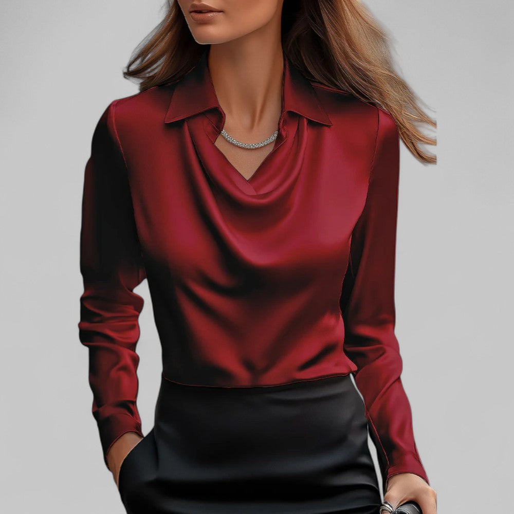 Rose | Women’s Draped Neck Long Sleeve Satin Blouses – Red | The Bellemont Sisters Australia