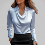 Rose | Women’s Draped Neck Long Sleeve Satin Blouses – Blue | The Bellemont Sisters Australia
