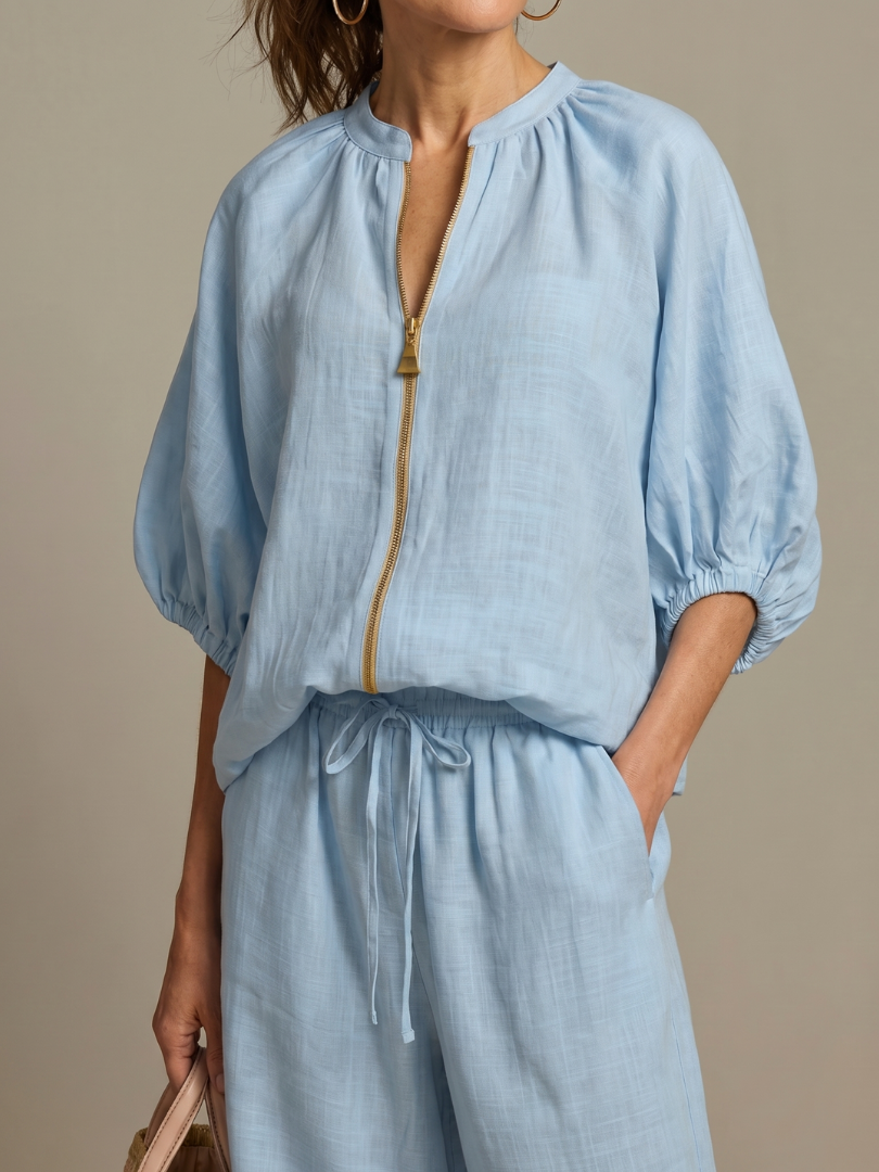 Natalia | Zip Front Blouson Top Wide Leg Set | The Bellemont Sisters Australia