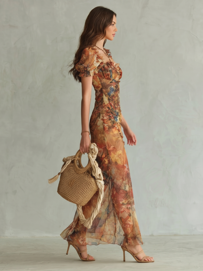 Ciel™ Ruffled Sleeve Ruched Slit Midi Dress | The Bellemont Sisters Australia
