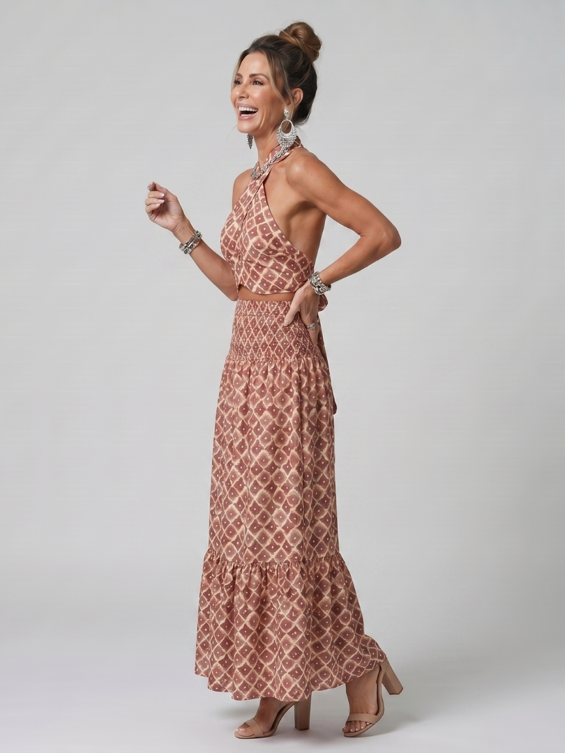 Amira | Cross Halter Geometric Print Cutout Midi Dress | The Bellemont Sisters Australia
