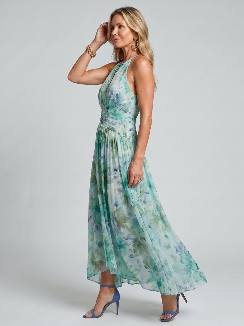 Portia™ Pleated Halter Soft Floral Pattern Midi Dress | The Bellemont Sisters Australia