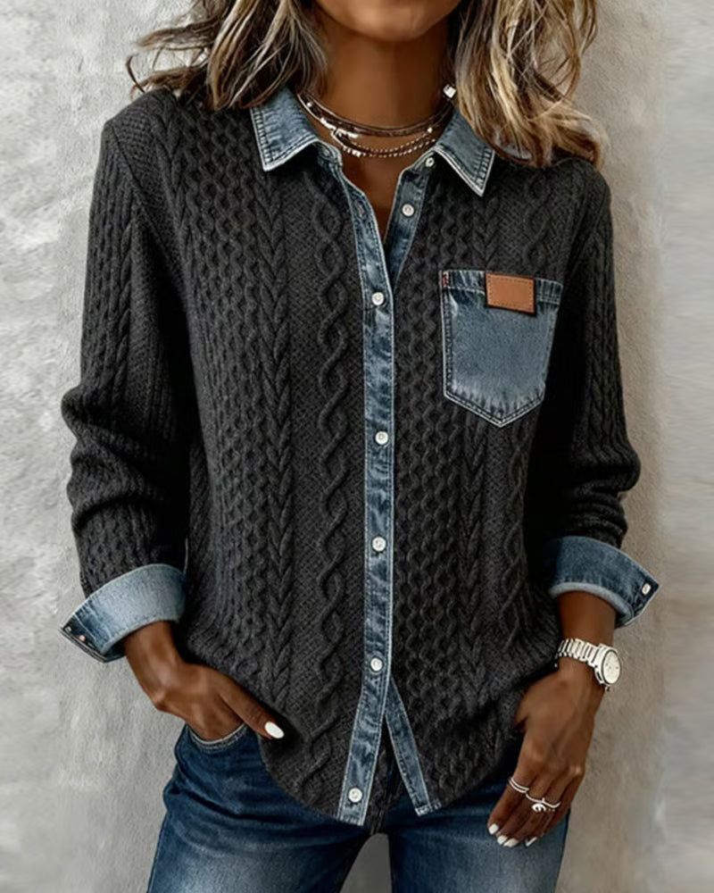 Long-Sleeve Shirt with Denim Patchwork – Dark Gray | The Bellemont Sisters Australia