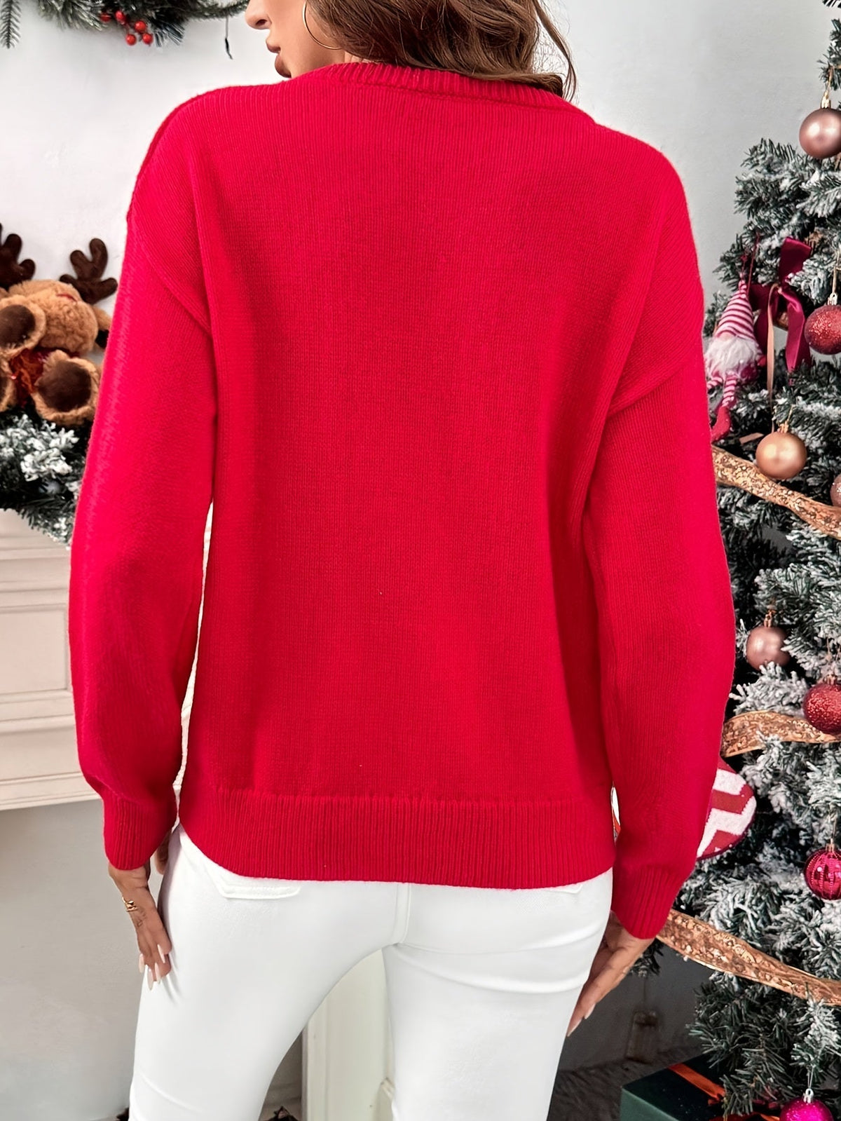 Easy Red Sequin Christmas Sweater for Women with Crew Neck Long Sleeve Sequin Santa Relaxed Fit Knit Style | The Bellemont Si