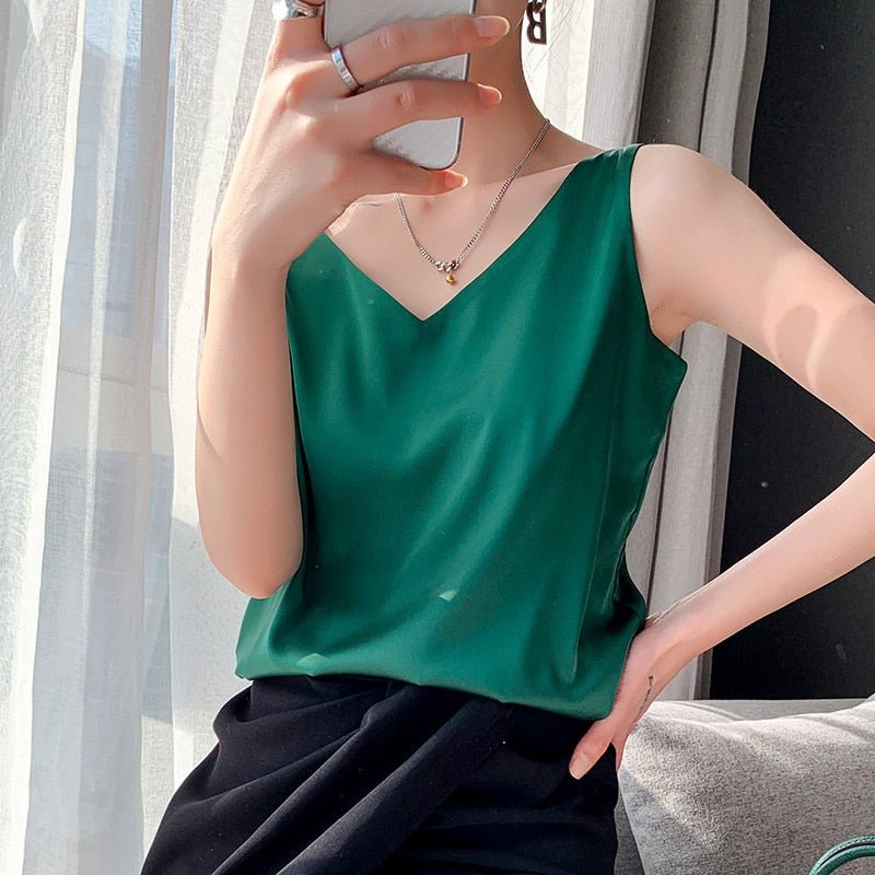 Lily | Women’s Classic Relaxed Fit Draped Satin Tanks – Green | The Bellemont Sisters Australia