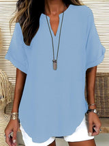 Atasia - Soft-Touch Notched-Neck Blouse – Light Wash | The Bellemont Sisters Australia