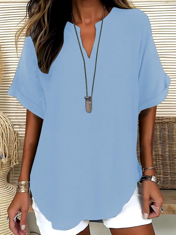 Atasia - Soft-Touch Notched-Neck Blouse – Light Wash | The Bellemont Sisters Australia