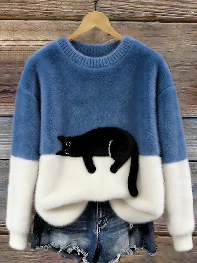 Aileen™ | Elegant Cat Print Oversized Sweater – Blue | The Bellemont Sisters Australia