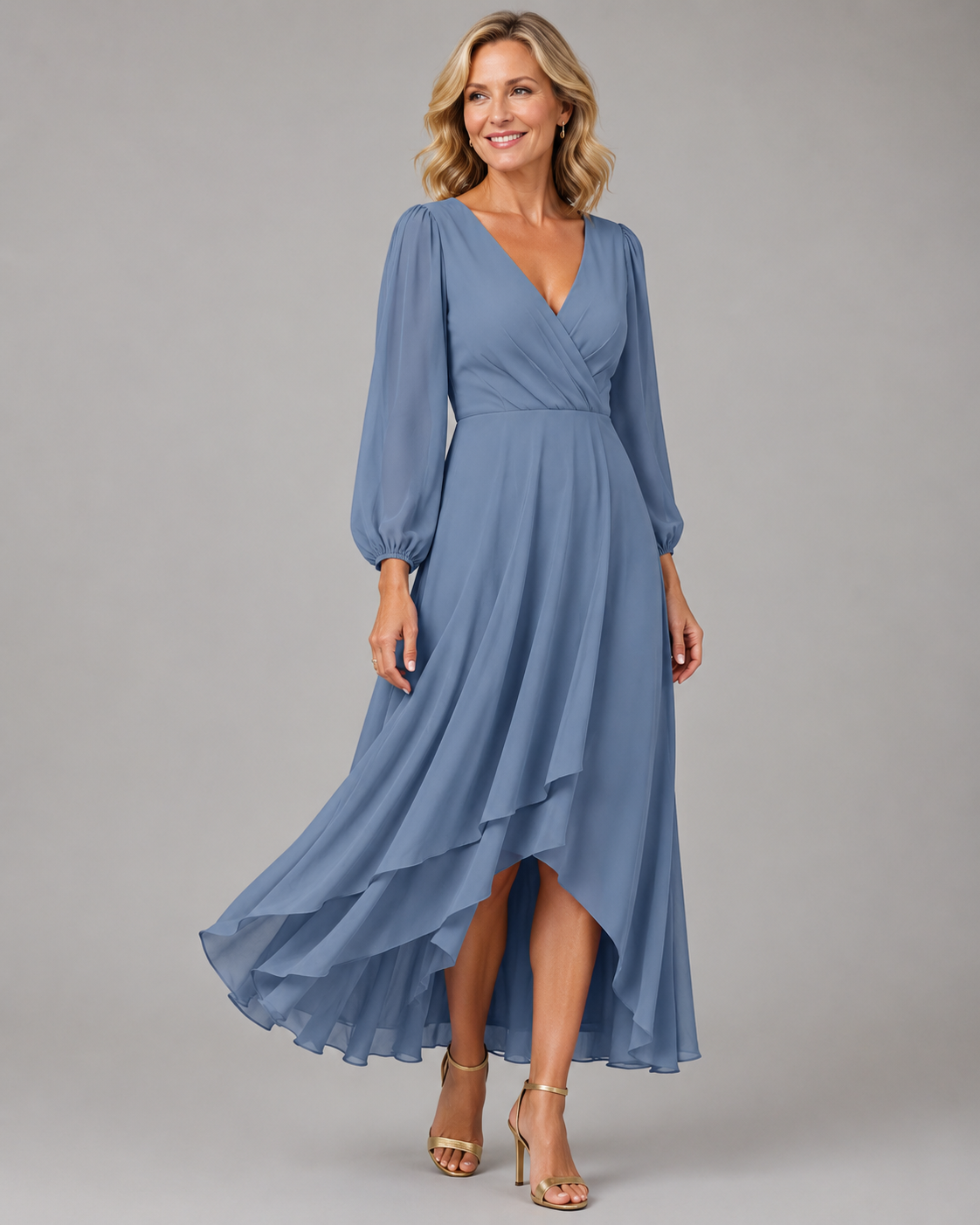 Mia™ | Elegant V-neck Long Dress – Blue | The Bellemont Sisters Australia