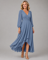 Mia™ | Elegant V-neck Long Dress – Blue | The Bellemont Sisters Australia