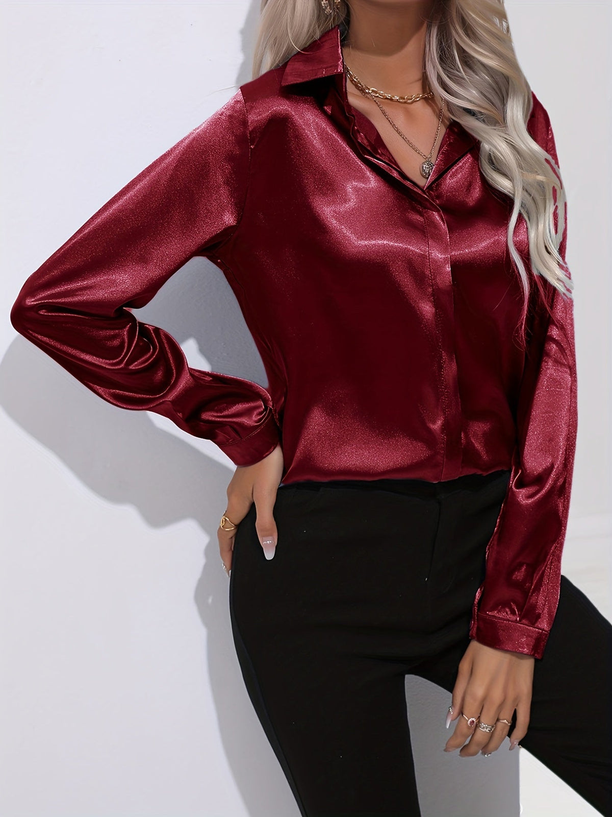 Sarah | Women’s Button Down Long Sleeve Satin Blouses – Dark Red | The Bellemont Sisters Australia