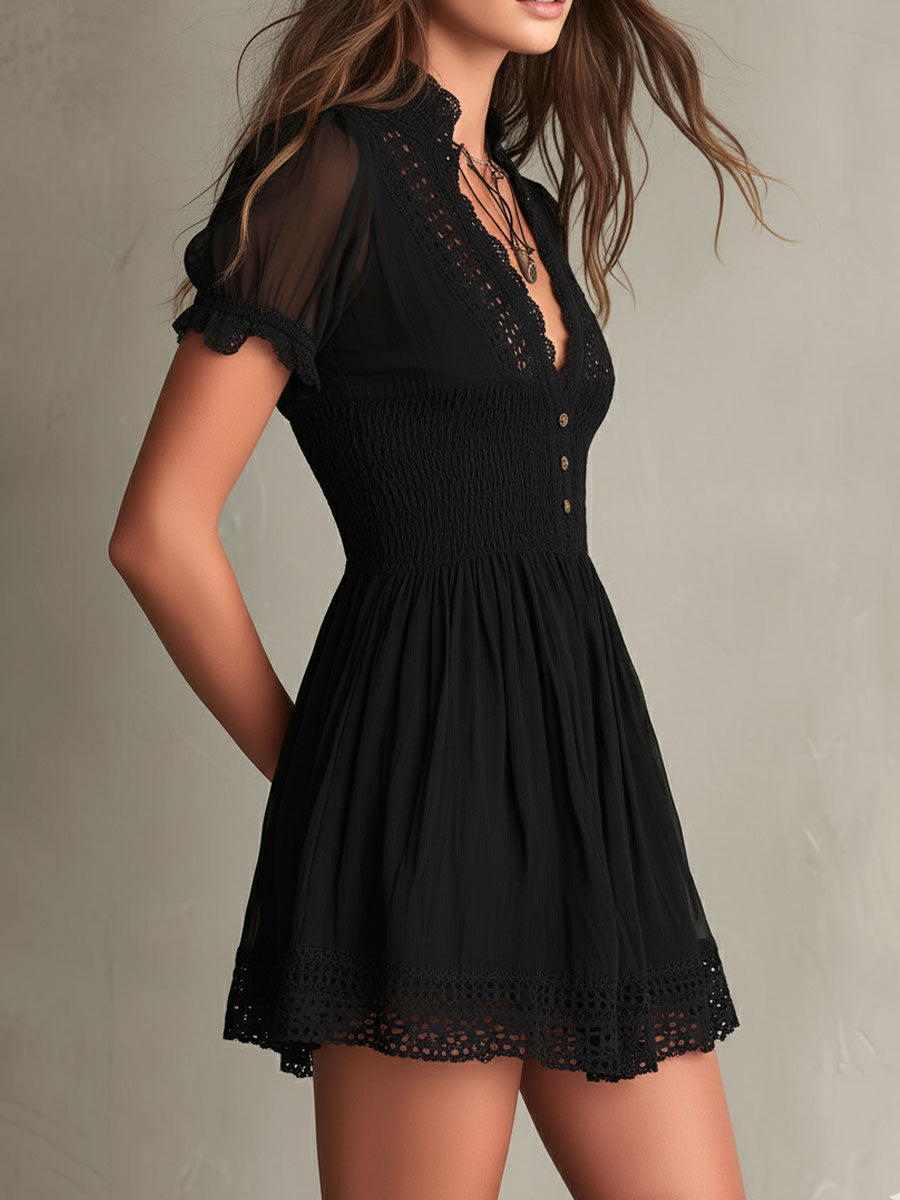 Classic Muse Smocked Lace-Trim Black  Mini Dress | The Bellemont Sisters Australia