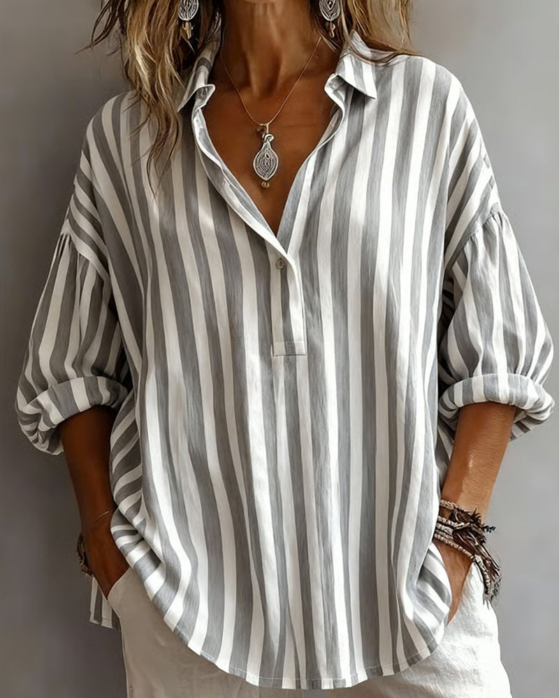 Deborah | Wide Striped Blouse with Collar – Gray | The Bellemont Sisters Australia