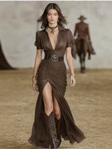 Savannah | Ruched Western Maxi Dress with Deep V-Neck – Brown | The Bellemont Sisters Australia