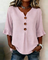 Janet | V-Neck Blouse with Wooden Buttons and Ruffled Sleeves – Pink | The Bellemont Sisters Australia